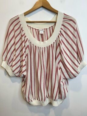 Club Monaco Striped Balloon Sleeve Off the Shoulder Cotton Top Shirt Cream Red
